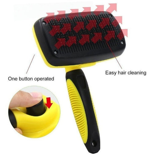 Pet grooming brush with bristles and cleaning tool, showing usage on a pet.